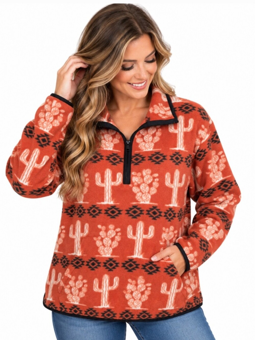 Wrangler Retro Cactus Southwestern Fleece Quarter Zip Pullover XL